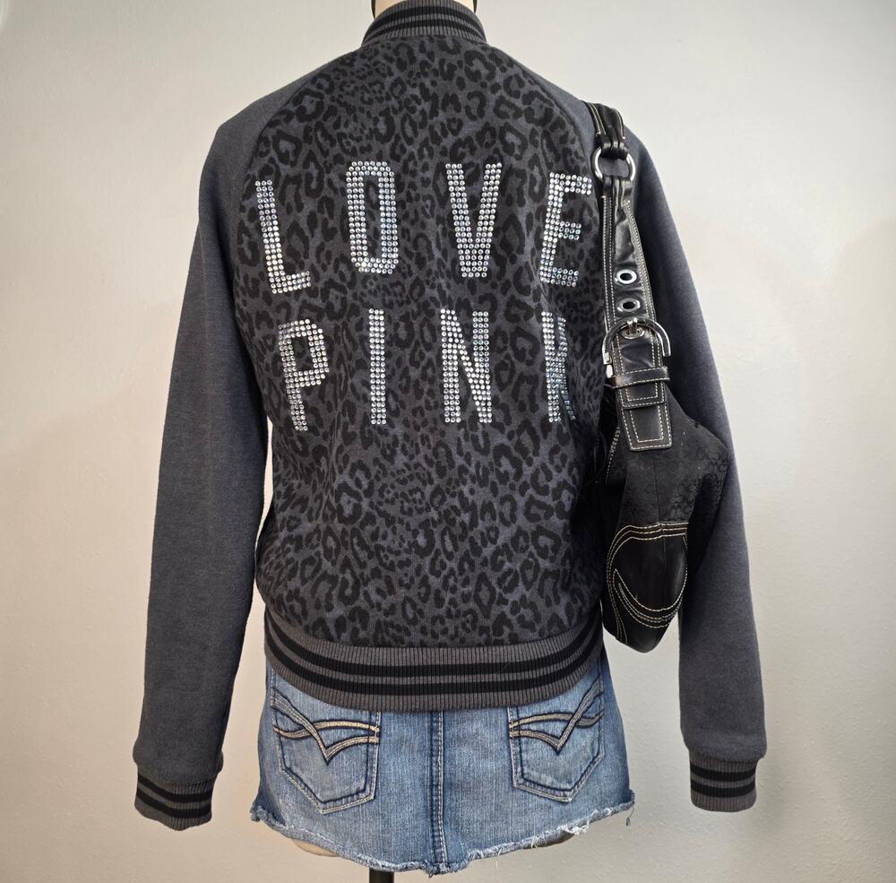Victorias Secret Pink Sequin Leopard Bomber Jacket Gray Size Small 2010s